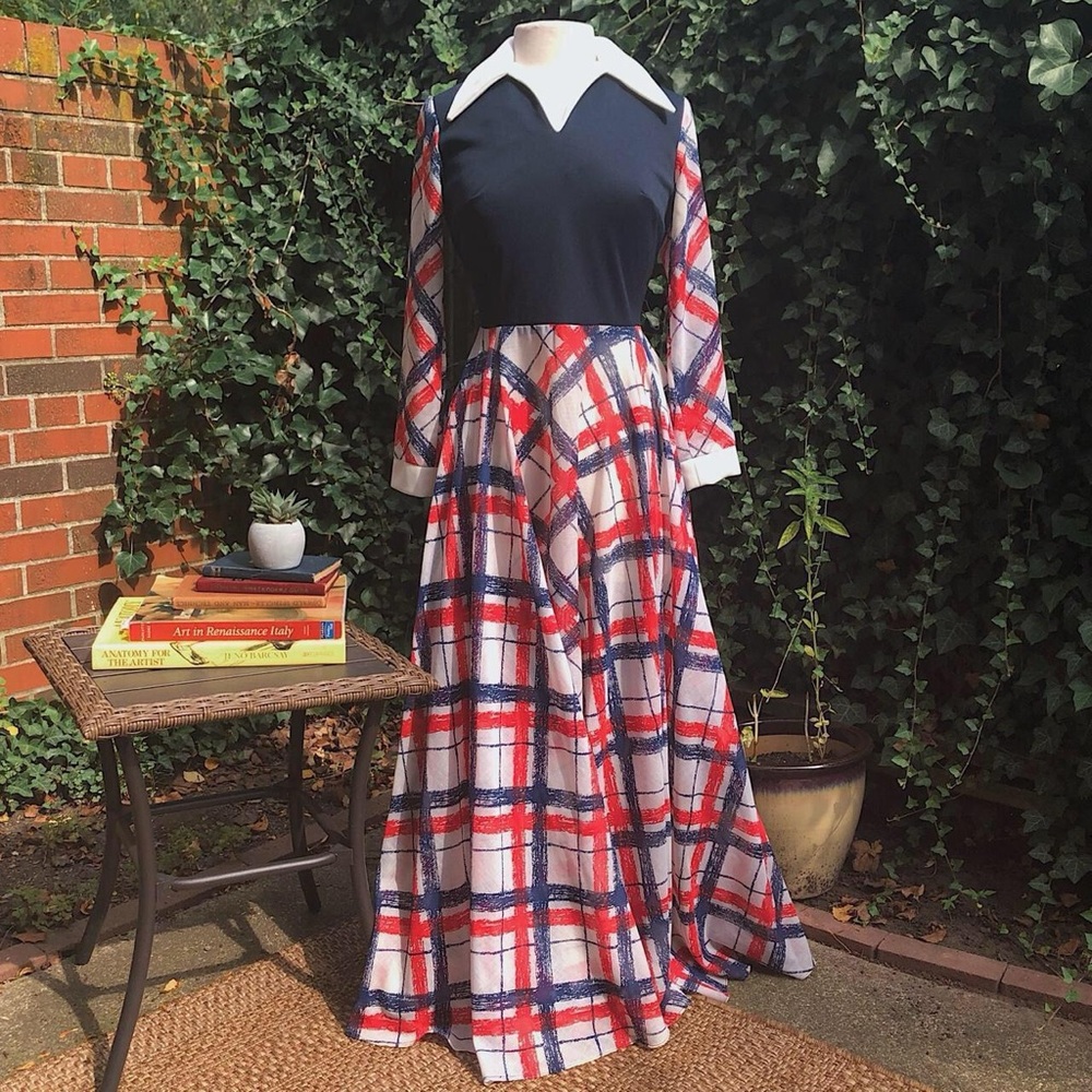 Vintage 1970’s disco blue and red plaid maxi dress